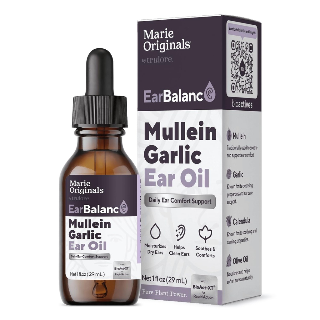 Marie Originals Natural Ear Oil Drops ® Mullein Hvite Hvite Hårete Drops for infeksjonsforebygging, Herbal øre Ache Drops for voksne, Kjæledyr, Soothes øresmerter og voksfjerning, øresekk Remedies (1 pakke)