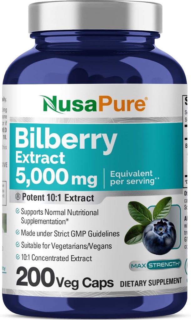NusaPure Bilbær Ekstrakt 5000 mg 200 vegetariske hetter (Non-GMO, Vegan)