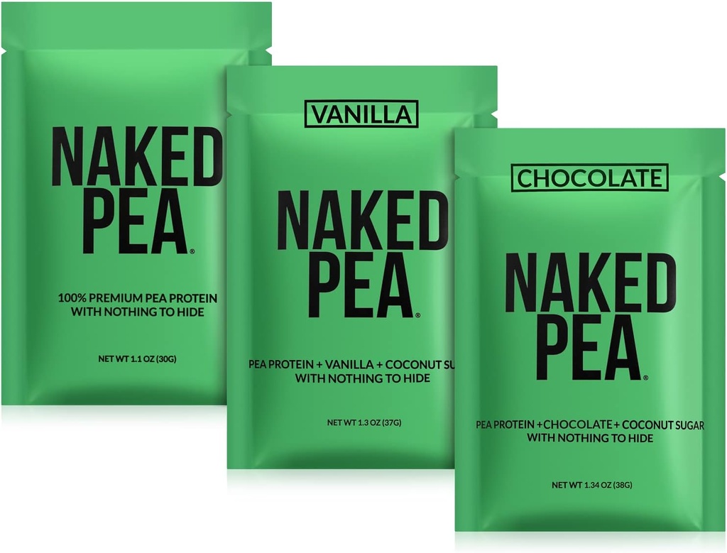 Naken Vegan prøve pakke pea, sjokolade pea og vanilla pea