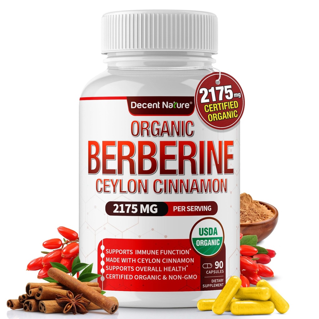 Organic Berberine med Ceylon Cinnamon 2175mg - Premium berberin supplement høy renhet ekstrakt USDA organisk, støtte immunsystem, Berberine Plus kompleks, ikke-GMO Vegan for menn kvinner 90 kapsler