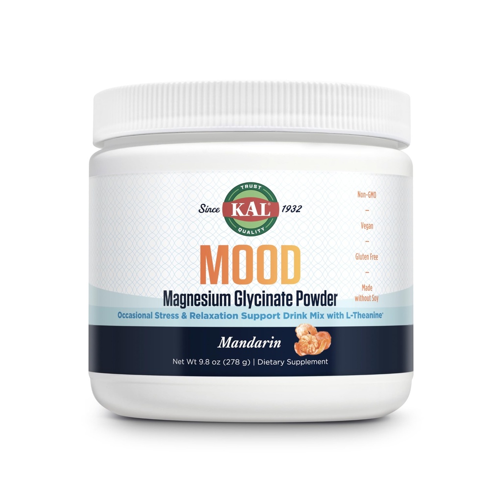 KAL Mood Magnesium Powder med L-Theanine - Mandarin Flavor Magnesium Supplement - Avslappende støtte, høy absorpsjon, Ingen tilsatt sukker, vegansk, Glutenfri, laget uten soya - 40 serveringer, 9,8 oz