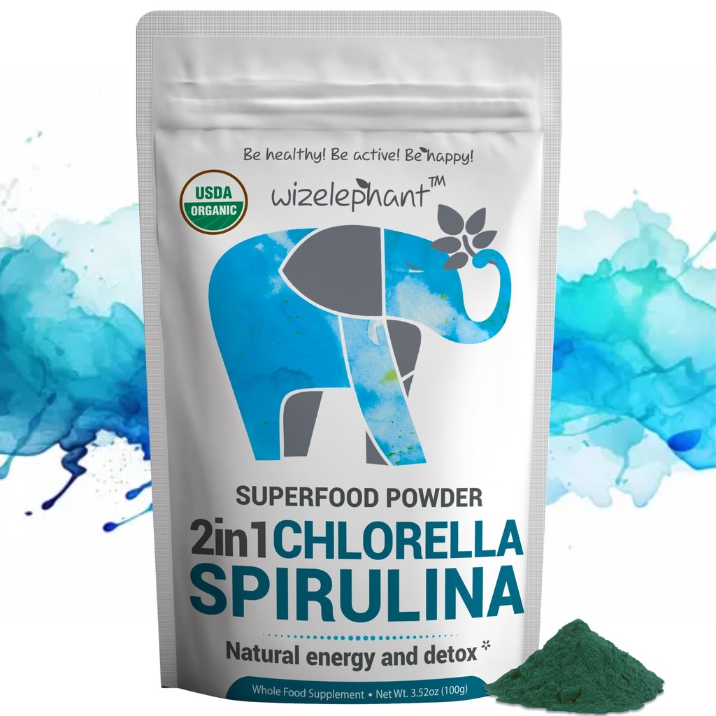 Klorella Spirulina Powder Organic ® Super Greens Powder og Smoothie Mix | Rich i Klorofyll for immun støtte og energi | Rå Vegansk Protein | Spirulina Chlorella Powder | 50 Serveringer