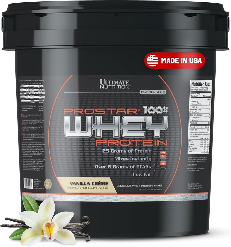 Ultimate Nutrition Prostar Whey Protein Powder Isolate, Vanilla - Lav karbohydrat, høyproteinpulver Shake for Muscle Gain & Recovery - Lav natrium, lavfett og ketovennlig - 10 lbs Bucket