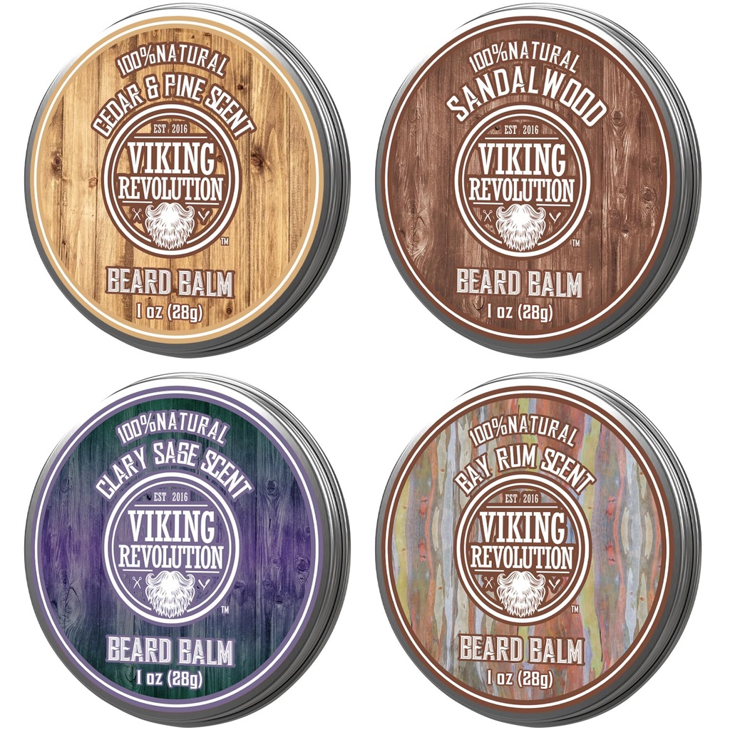 Vikingrevolusjon 4 Beard Balm Variety Pack (1oz Every) - Sandalwood, Pine & Cedar, Bay Rum, Clary Sage - stiler, styrker og softens Beards og Mustaches - Wax for menn
