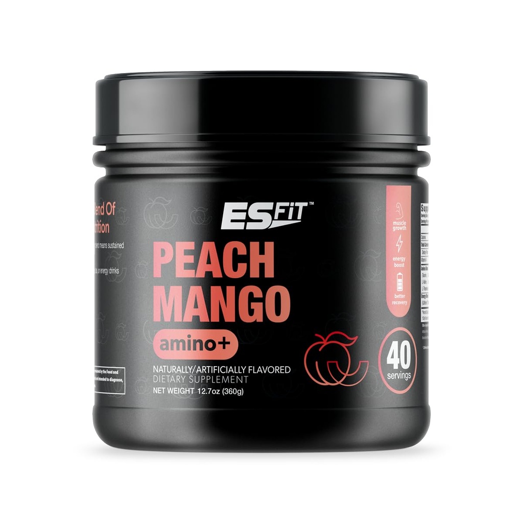Amino+ Powder - Pre and Post Trening med kaffe + grønn te ekstrakt - BCAA, Aminosyrer, null sukker, lav kalori, superior smak, 40 serveringer (Peach Mango)