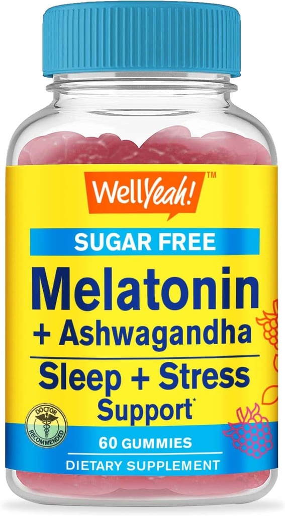 VelJa Melatonin (2mg) med Ashwagandha (850mg) Sugar Free Gummies - Sleep & Stress Aid Supplement - med Kamille, Lemon Balm, Lavender og Valerian - Naturlig Sourced Flavor - 60 greve