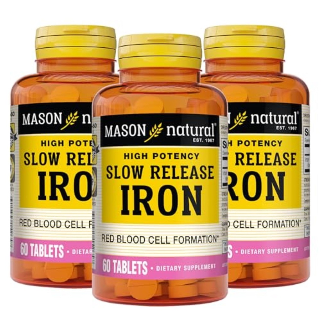 Mason naturlig sakte, embolitt jern (ferrous sulfat) 50 mg tabletter, 180 dagers forsyning, høy styrke supplement, gentle on mage, 3 pakke