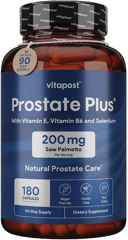 Prostate Plus Natural Prostate Care og urin helse supplement for menn rik på så Palmetto, vitamin B6, vitamin E, selenium og sink. 180 kapsler