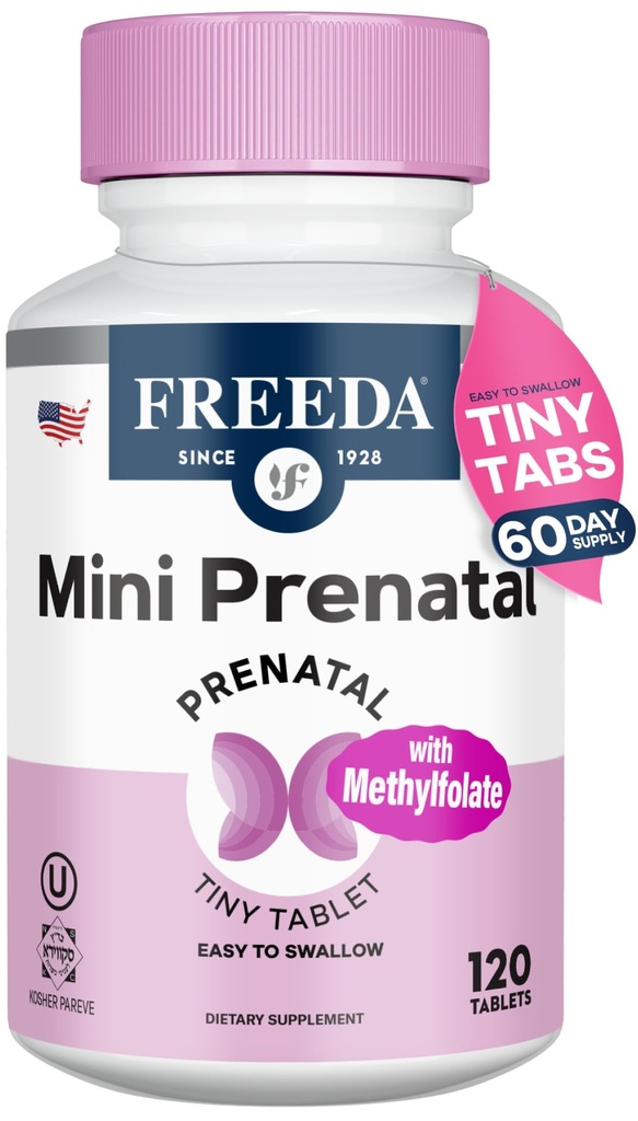 FREEDA Mini Prenatal Vitamin - Kosher Prenatals -Tiny lett å svelge tabletter - Prenatal Vitaminer med jern, Prenatal Folinsyre / Folat, vitamin D - Prenatal Multivitamin for gravide kvinner (120)
