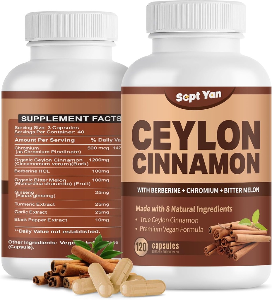 Ceylon Cinnamon Capsules 1200mg kanel Bark kosttilskudd med kromium, berberin HCL & gurkemeie, vegansk, 120 kapsler, energi, metabolisme, hjerte og immun støtte