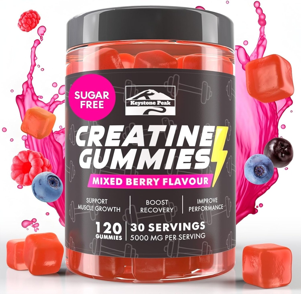 KP Kreatin Monohydrat Gummier Blandet Berry for menn og kvinner, 100% Kreatin Blandet Berry Gummies, 5g per Serving + Vegan, Sukkerfri, Blandet Berry + Styrke, Energi, Muskel & Booty Gain - 120 Tell