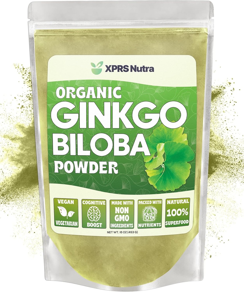 XPRS Nutra Organic Ginkgo Biloba pulver - Gingko Biloba kosttilskudd for kognisjon - Vegansk Vennlig Ginkoba Biloba Organic - Immunity Boosting Ginkgo Biloba pulver (16 oz)