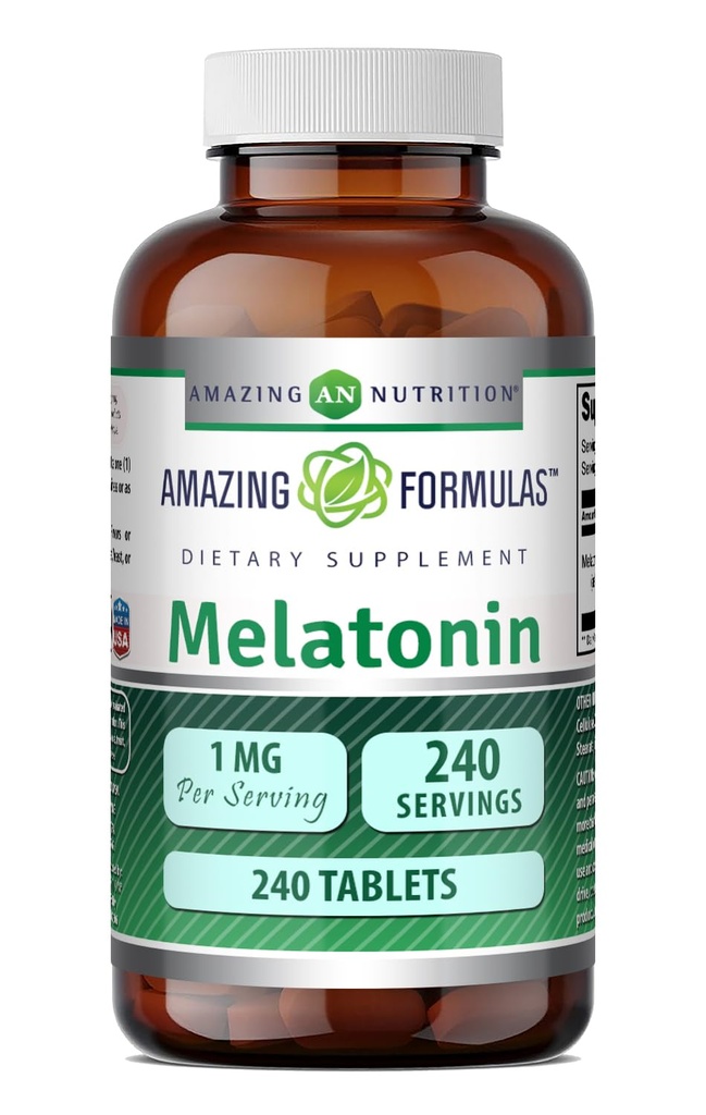 Amazing Formler Melatonin 1 Mg Tabletter (Non GMO, Glutenfri) - Beste valg av naturlig søvnhjelp Supplement - fremmer beroligende og avslappende effekt - 240 tabletter - egnet for vegetarianere