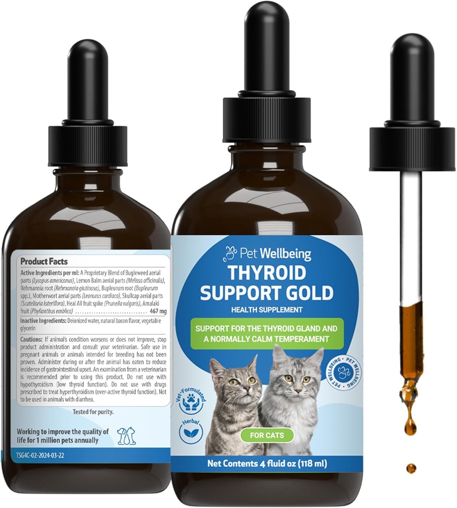 Pet Welling Thyroid støtte gull for katter - støtter sunn Thyroid Gland funksjon i katter, normal metabolisme, bugleweed, sitron Balm - veterinærformulert Herbal Supplement 4 fl oz (118 ml)