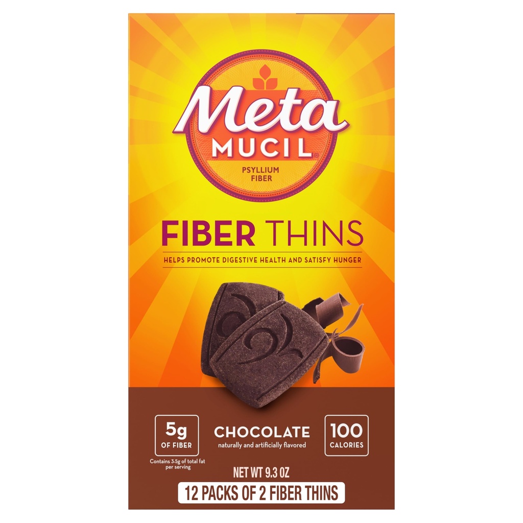 Metamucil Fiber Thins, Psyllium Husk Fiber Supplement, Digestiv Helse Støtte og tilfreds Hunger, Sjokolade Flavored, 12 Serveringer