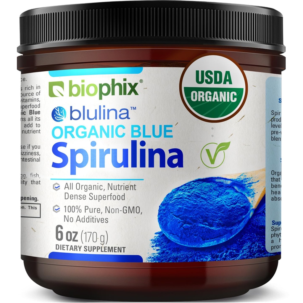 Biophix Blå Spirulina Powder Organic Blulina 6 oz - Algae Organic Spirulina Powder 170 Serveringer - Superfood Supplement - Naturlig Blå Pigment - Esperulina en Polvo Organica Pura Azul