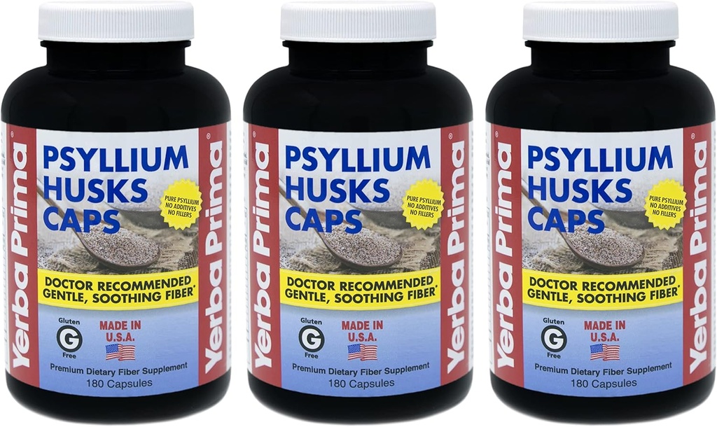 Yerba Prima Psyllium Husks Caps - 180 caps (Pack of 3) - Naturlig fiber Supplement - Colon Cleansing - Ikke-GMO Glutenfri