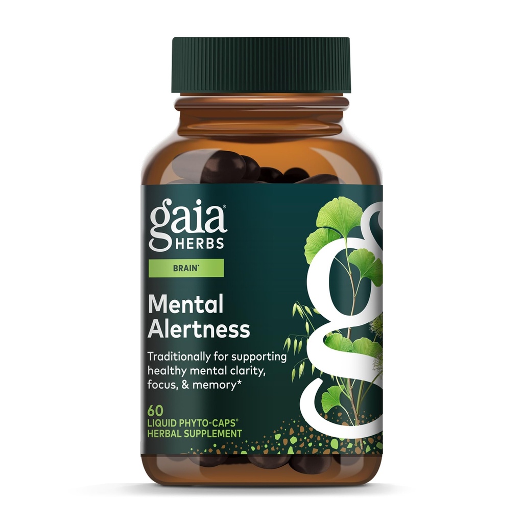 Gaia Herbs Mental Alerthet - Brain Support Supplement for å opprettholde fokus og minne * - med Eleuthero, Ginkgo Leaf, Gotu Kola, Rosemary & Oats - 60 Vegan flytende fyto-kapsler (15-dagers forsyning)