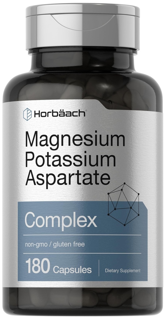 Horbäach Magnesium Kalium Aspartat Complex | 180 Kapsler | Ikke-GMO og Glutenfri Formula