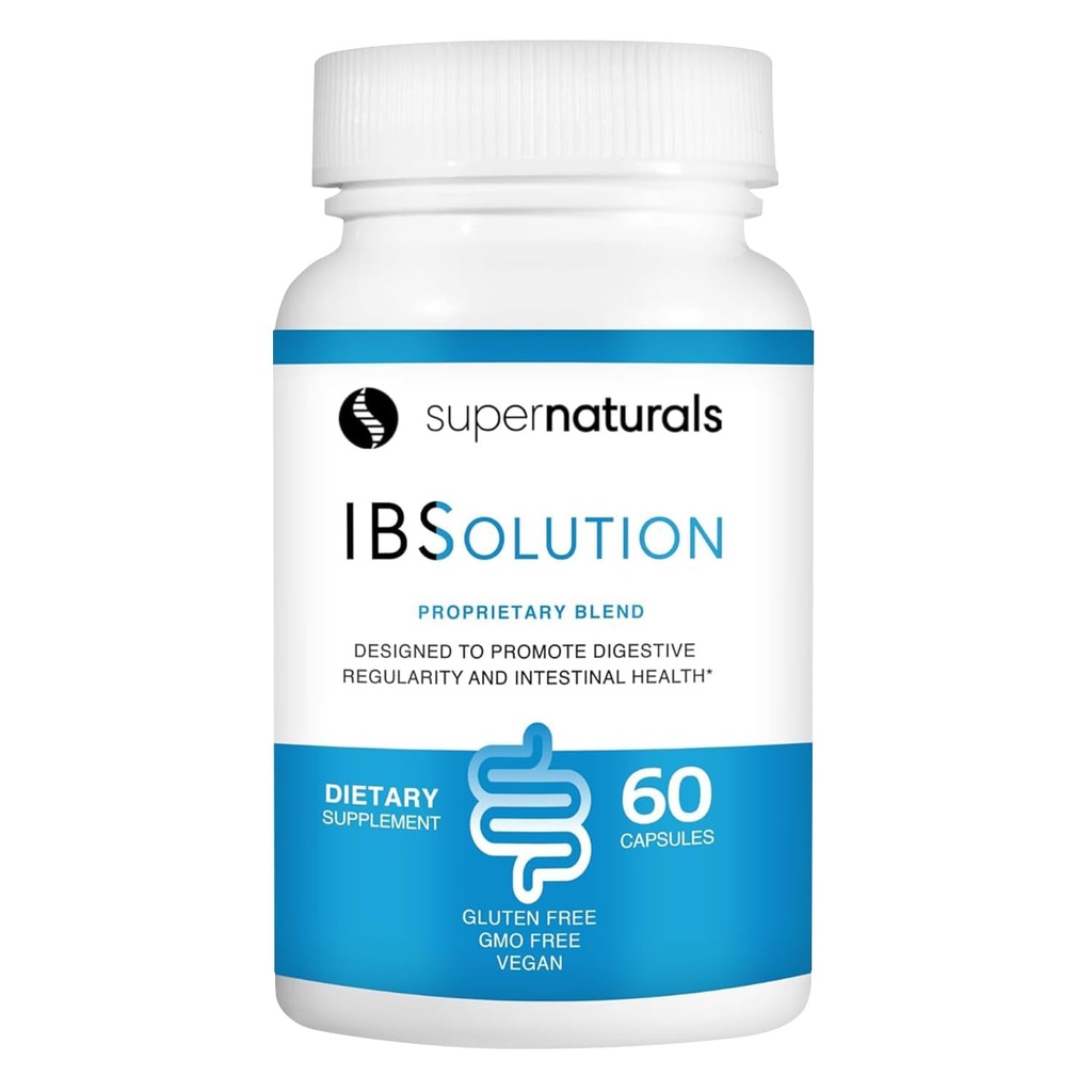 SuperNaturals IBSolution - Laget i USA, Ikke-GMO, Glutenfri & Vegansk (60 kapsler) - Digestive Gut Helse Supplement med Psyllium Husk - Gass, Bloating, Diarrea, Heavy Relief, Magesmerter