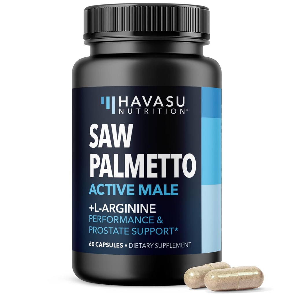 Saw Palmetto 500mg og L-Arginine 500 mg - Prostata helse og nitric oksid kosttilskudd for menn - 60 greve - urinfunksjon støtte og utholdenhet for aktive menn - Vegan, ikke-GMO, 1 måneds forsyning