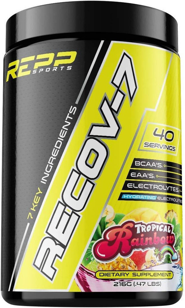 REPP Sports Recov-7 Full Spectrum EAAs og BCAA Advanced Recovery og Glycogen Replenishment for Intra-Workout (Tropisk Regnbue, 40 Serveringer (216g))