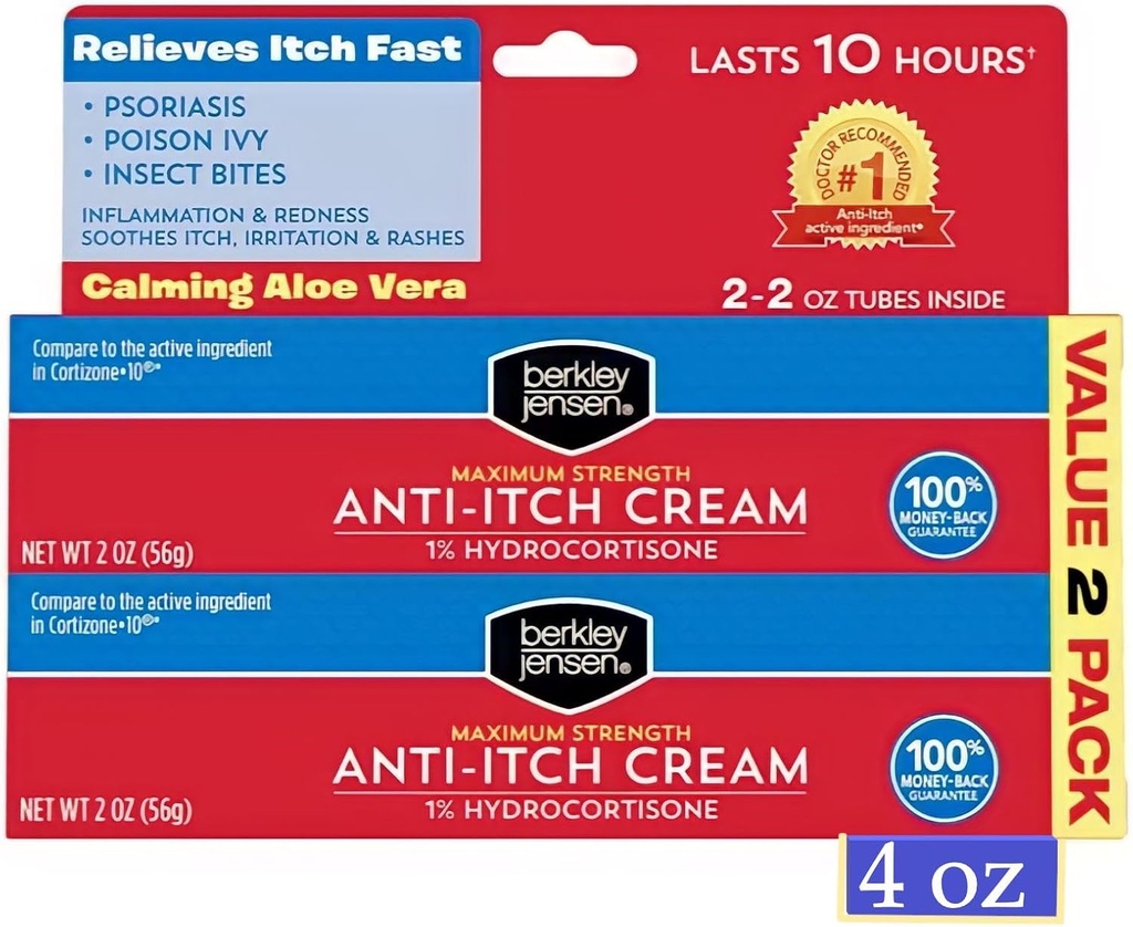 Berkley Jensen Maksimum styrke Anti-Itch cream (4 oz.), med beroligende Aloe Vera, 1% Hydrokortison ich lindring for eksem, psoriasis, Bug Bites, Poison Ivy, Oak og Sumac, 2 oz. Tube (pakke med 2)