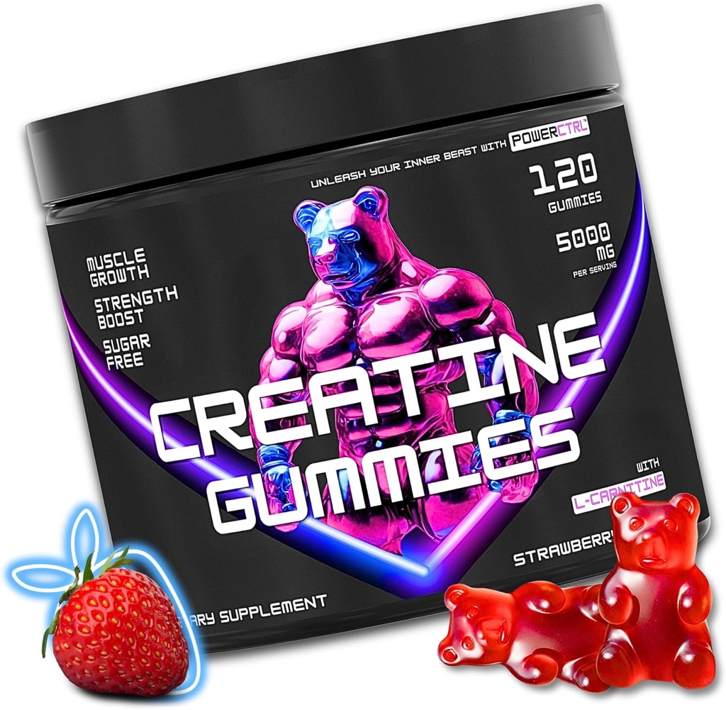Kreatin gummier med L-karnitin for menn og kvinner - 5g Kreatin Monohydrat per servering | Støtter muskelvekst | Recovery | Endurance | Styrke og trening ytelse | Sukker gratis | Vegan | 5000mg