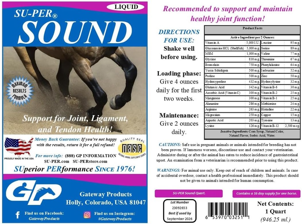 SU-PER Sound Joint Horse Supplement - Støtte for Joint, Ligament og Tendon Helse - Hestevitaminer og Mineraler, Glukosamin, MSM, Bromelain, Aminosyrer, Lysin - 1 Quart, (2 Pack)