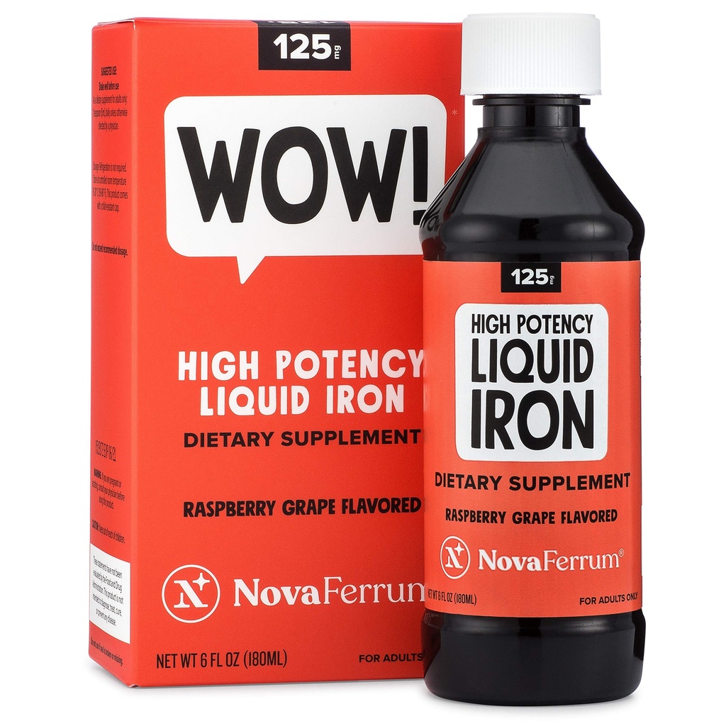 NovaFerrum Wow, 125 høy styrke flytende jern Supplement for voksne, jernmangel, 125 mg jern per 5ml dose, vegansk verifisert, glutenfri sertifisert, sukkerfri
