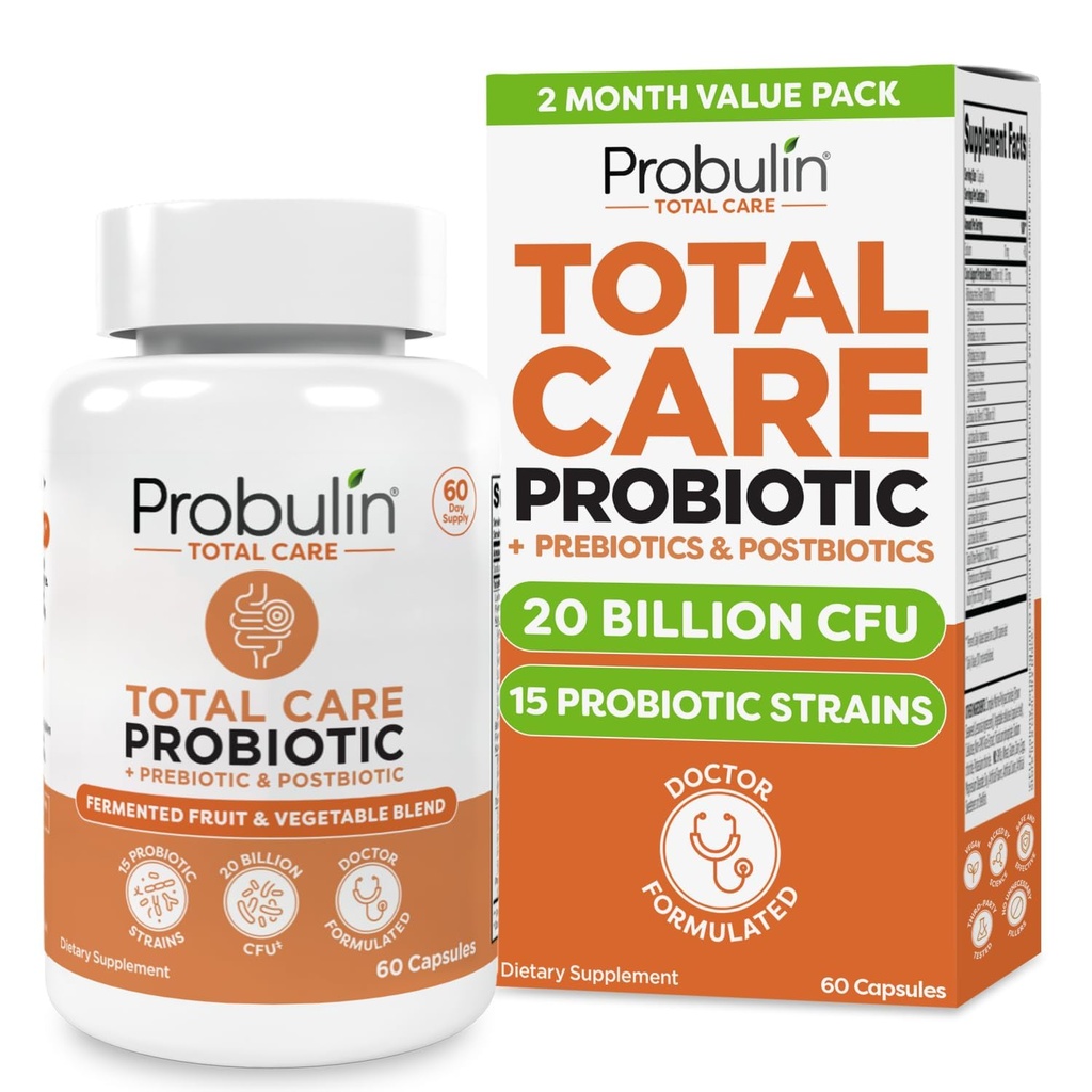Probulin Total Care Probiotic Supplement, Daily Gut, Digestive, og immun helse Probiotika Kapsler for menn og kvinner, 20 milliarder CFU, Vegan, 60 greve flaske
