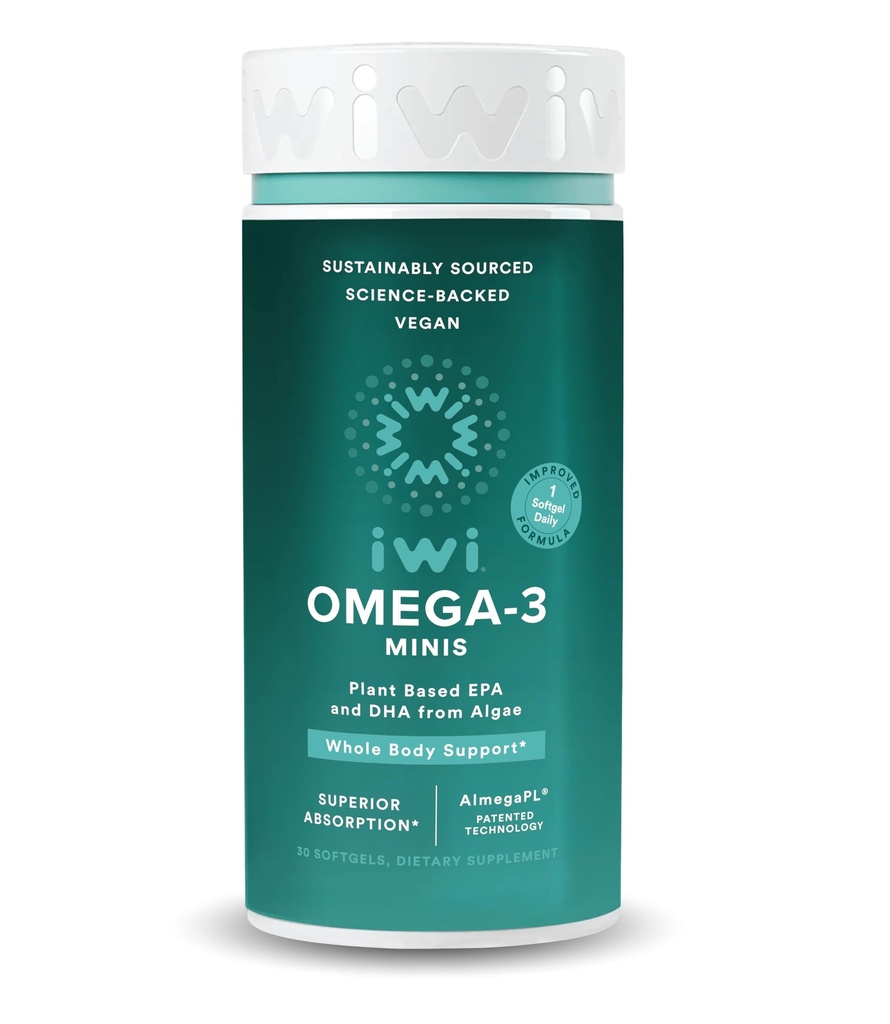 Iwi Omega-3 Mini Softgels (30 serveringer), lett å svelge, plantebaserte Algae Omega 3 med EPA + DHA, hele-Body støtte kosttilskudd, krill og fiskeolje alternativ, ingen fiskelig ettersmak