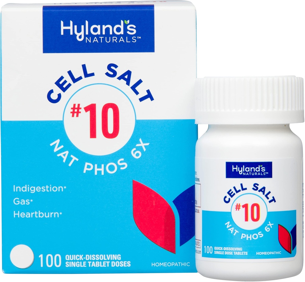Hyland's No.10 Cell Salt NAT Phos 6X Tabletter, naturlig relief av Heartburn, gass, og fordøyelse, rask oppløsende tabletter, 100 greve