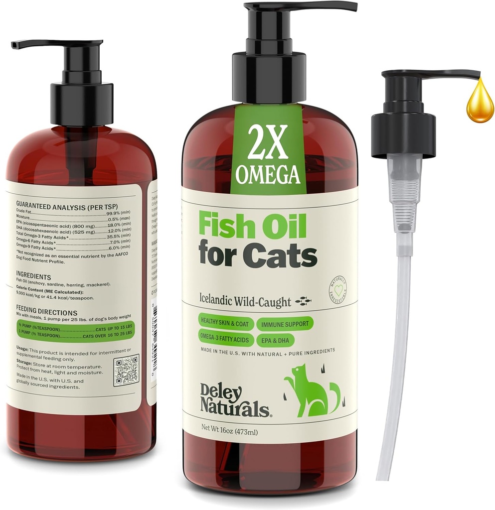Deley Naturals Wild Fanget fiskolje for katter med 2X Omega - Cat Fish Oil med høyeste EPA & DHA Potens - Omega 3 for katter for shedding, hud, coat, ledd, hjerte og immunsystem - laget i USA