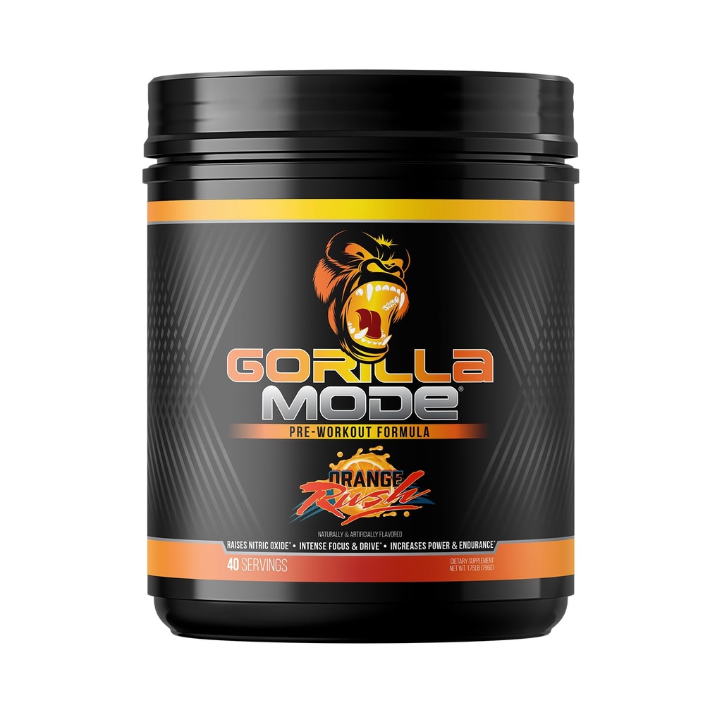 Gorilla Mind Pre Workout - Massive Pumper Laser Focus Energy Power - L-Citrulline, Creatine, L-Tyrosin, Betain, Hydroprime, Alpha-GPC, 400 mg Koffein, Huperzine A - 796g (Orange Rush)