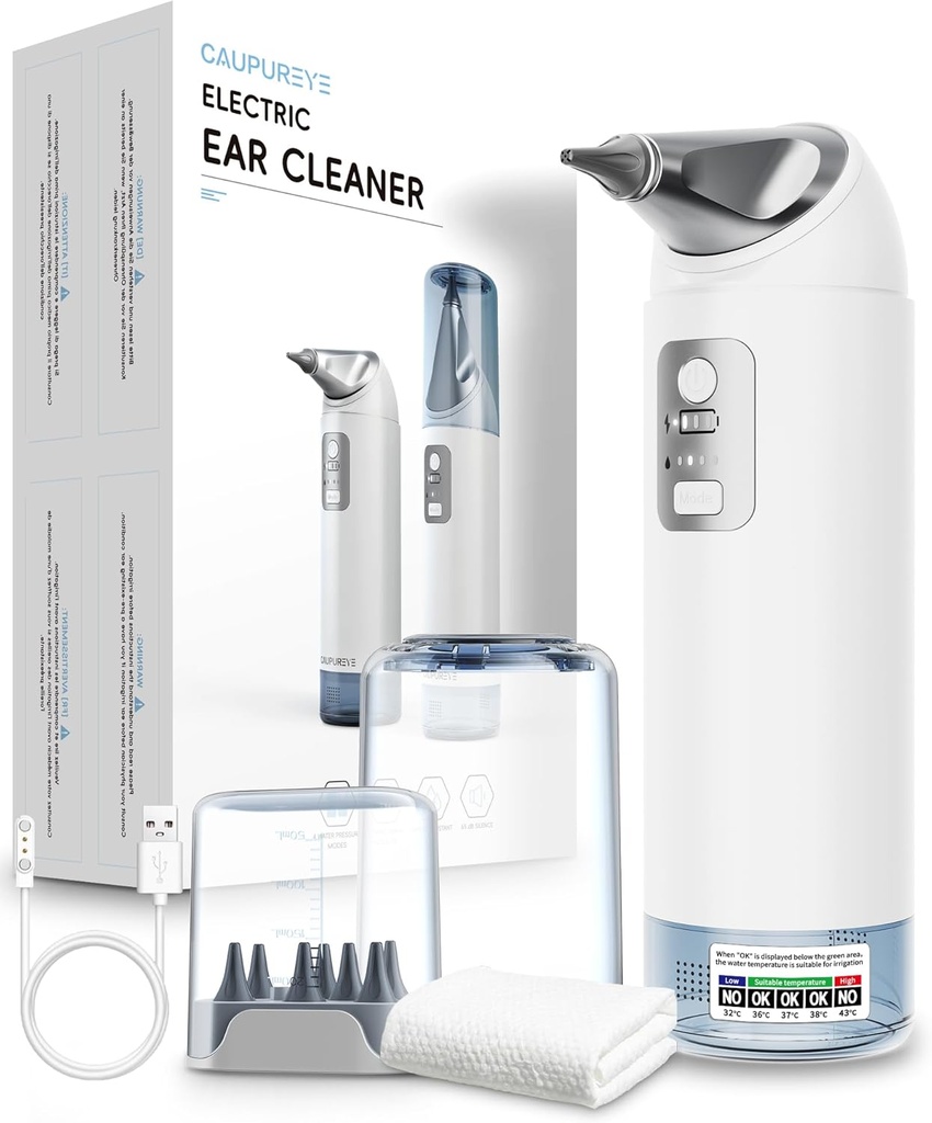 Ear Wax fjerningssett, 360° Electric Ear Cleaner, ørerensesett med 4 vanntrykksmoduser, ørevoksfjerningssett for sikker ør Irrigation Flushing System m/8 Irrigasjonstips, lav støy, IP65 Vanntett