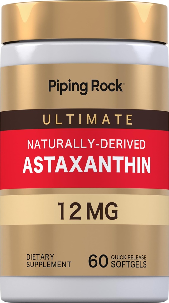 Piping Rock Astaxanthin 12 mg | 60 Softgel Kapsler | Ekstrakt Supplement | Glutenfri, Ikke-GMO
