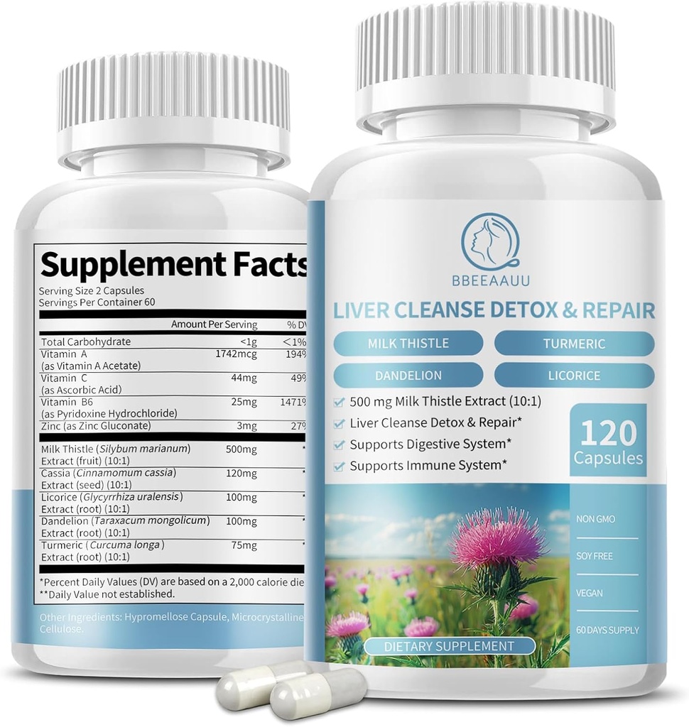 Melk Thistle Supplement Kapsler, Liver Helse Formel, med Dandelion Root, 10:1 Ekstrakt, for Liver Detox Cleanse Support, Digestive & Immune System, 120 Veggie Caps