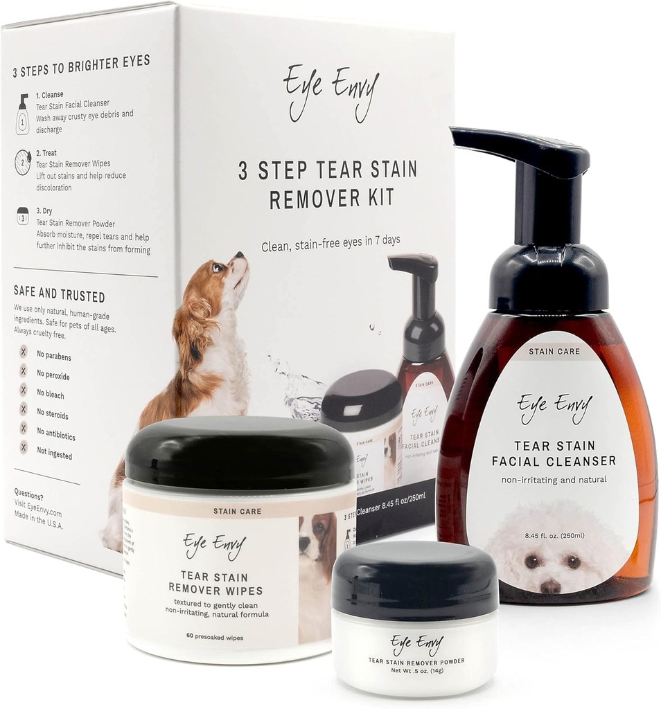 Øye Envy 3 Step Tear Stain Remover Kit for hunder | Rent, Stain-free Eyes i 7 dager | Inneholder: Cleanser 8.45 fl.oz, Torpes 60 greve og pulver 0,5oz | Ikke-irriterende og naturlig