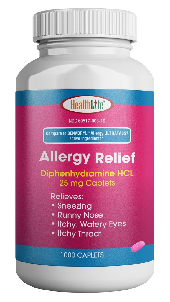 Helse LFE Allergi Relief, Medisin Diphenhydramine HCl Caplets, 25 mg | Barn og voksne | Relieves Sneezing, Runny Nese, Hay Fever symptomer, kløende øyne og Throat (Stor, 1000 greve)