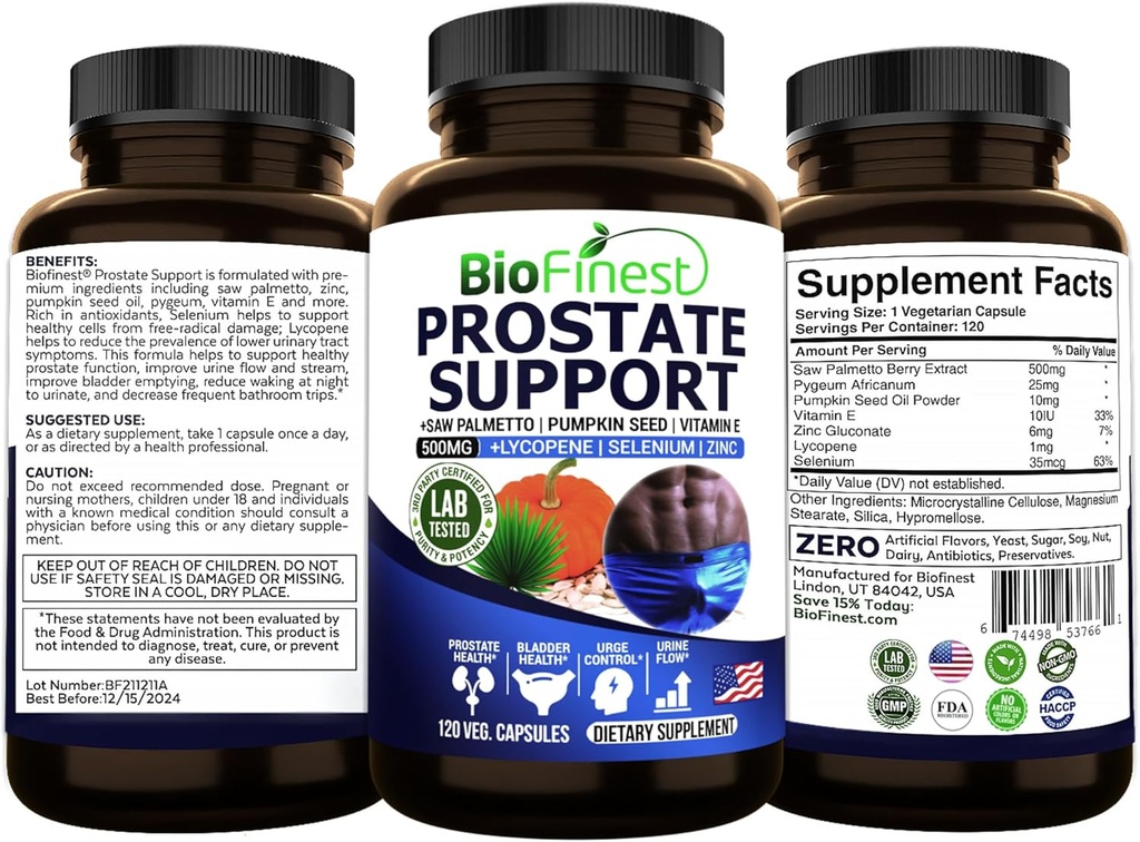 BioFinest Prostate Support for menn - så Palmetto Lycopen Pumpkin Seed Pygeum Zinc Selenium - Sunn Urine Flow Bladder Prostate Vitamin Supplement - laget i USA (120 Veg. Kapsel)