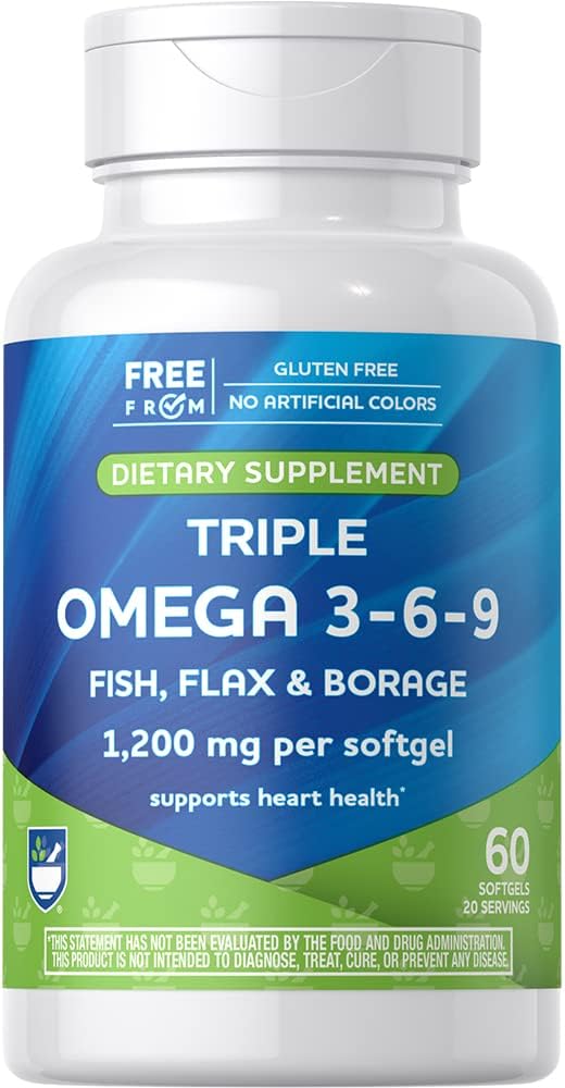 Rite Aid Triple Omega 3, 6, 9 Softgels - 60 Count Fish Oil å støtte et sunn hjerte, DHA og EPA, Flaksfrø og boreolje