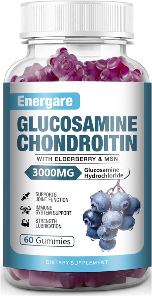 1 Pakke 3000mg Glukosamin Chondroitin med MSM Gummies & Elderberry, Ekstra styrke felles støtte helse, Fleksibilitet, Antioksidant, Immuntilskudd Gummi for voksne, Menn og kvinner 60 greve