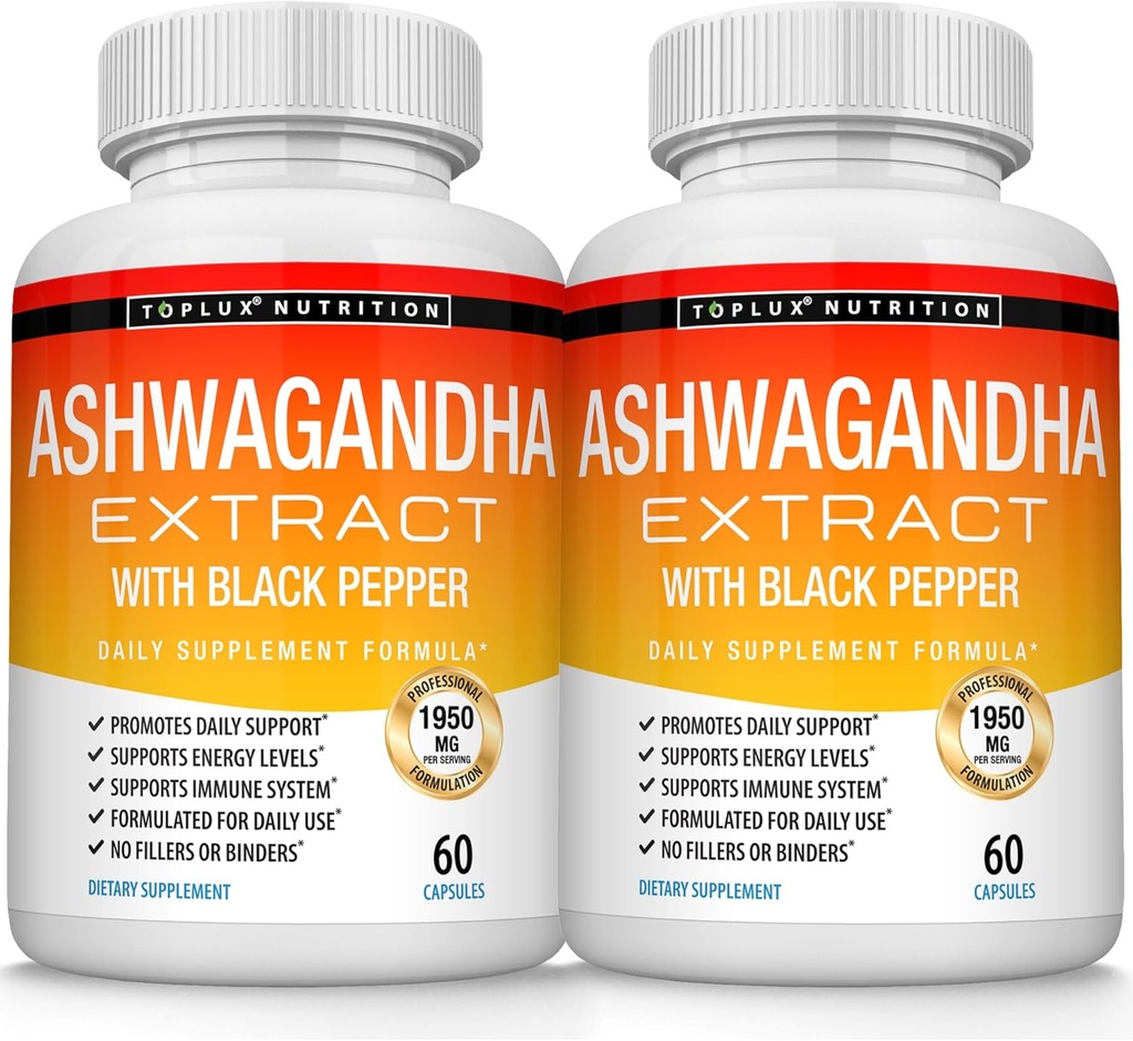Organic Ashwagandha Root Powder Piller 1950 Mg med svart pepper ekstrakt - ren naturlig Ashwagandha Supplement, støtte energi, for menn kvinner, 60 kapsler