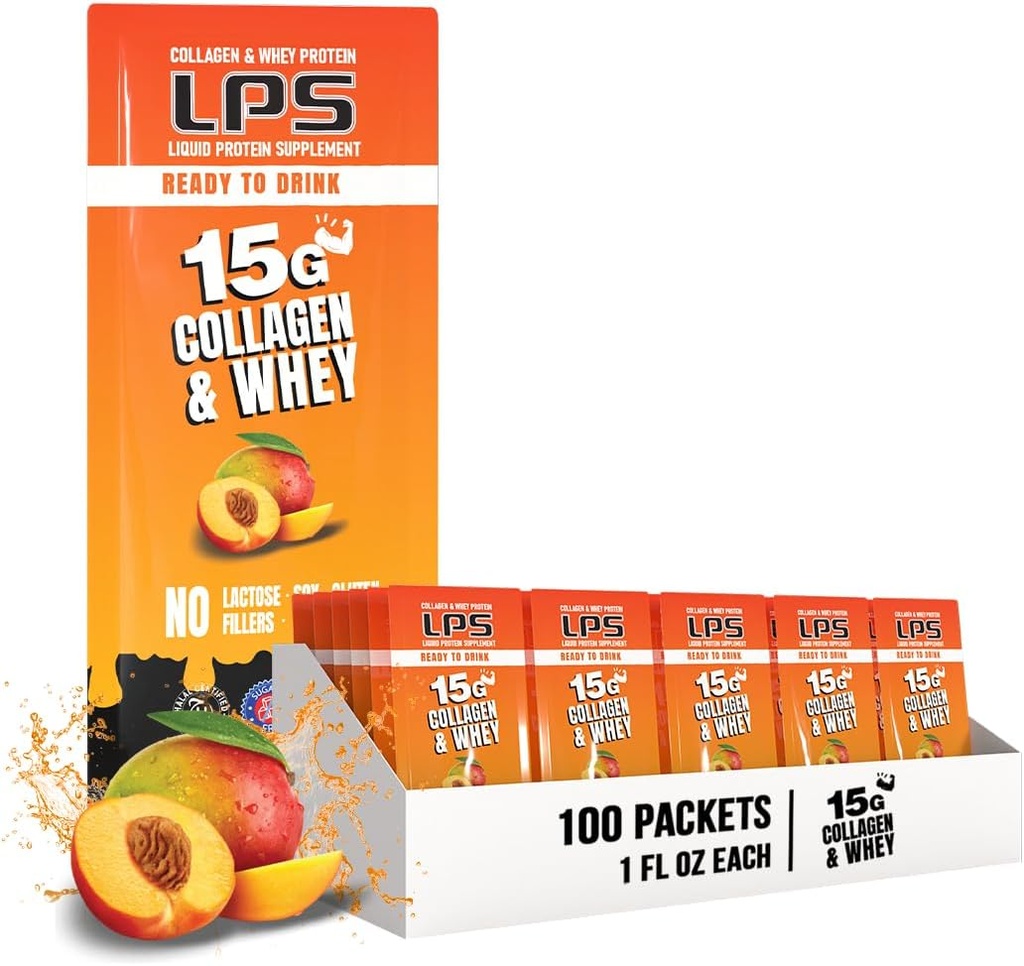 Ernæringsdesign LPS Flytende kollagen og Whey Protein Supplement - Ikke-GMO Drikke, Sukkerfri - fremmer sunn hud og hår for menn og kvinner, fersken mango, enkelt servere (100 pakker)