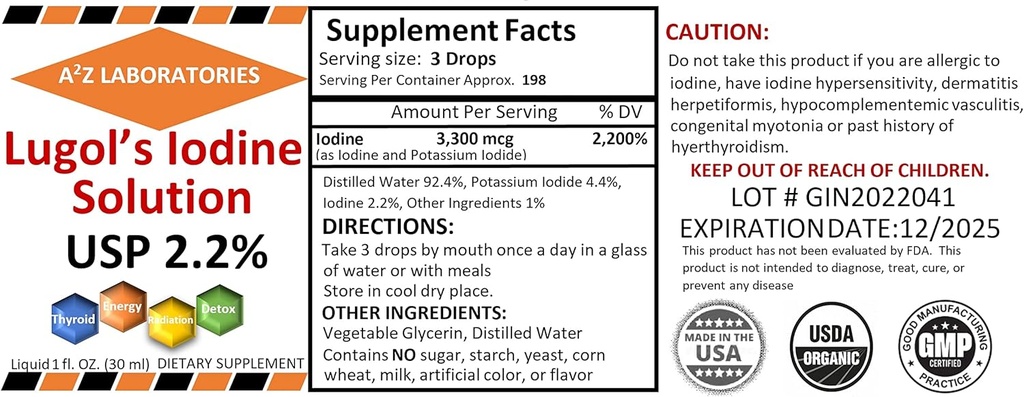 Generisk A2Z Organic Lugol iodin og Kalium iodid 2,0% Løsning, 1 Fl Oz - Flytende tilleggsdråper for Thyroid støtte, Detox, Metabolisme, laget i USA
