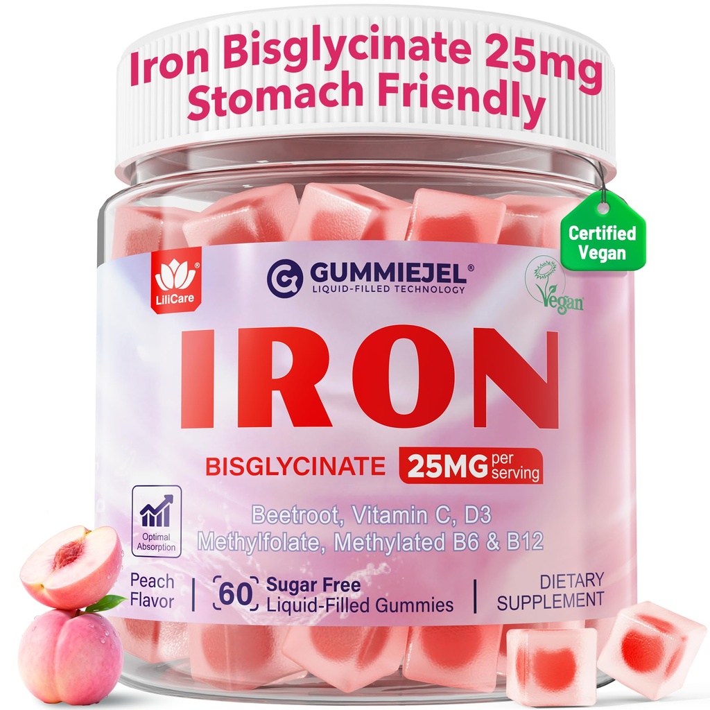 Iron Gummies for kvinner 25 mg Plus vitamin C, beet rot, vitamin B12, Folat for jernmangel, anemi, energiforsterkning, sukkerfri jern Supplement, ikke-forstøvende, Nei etter smak, 60 Cts