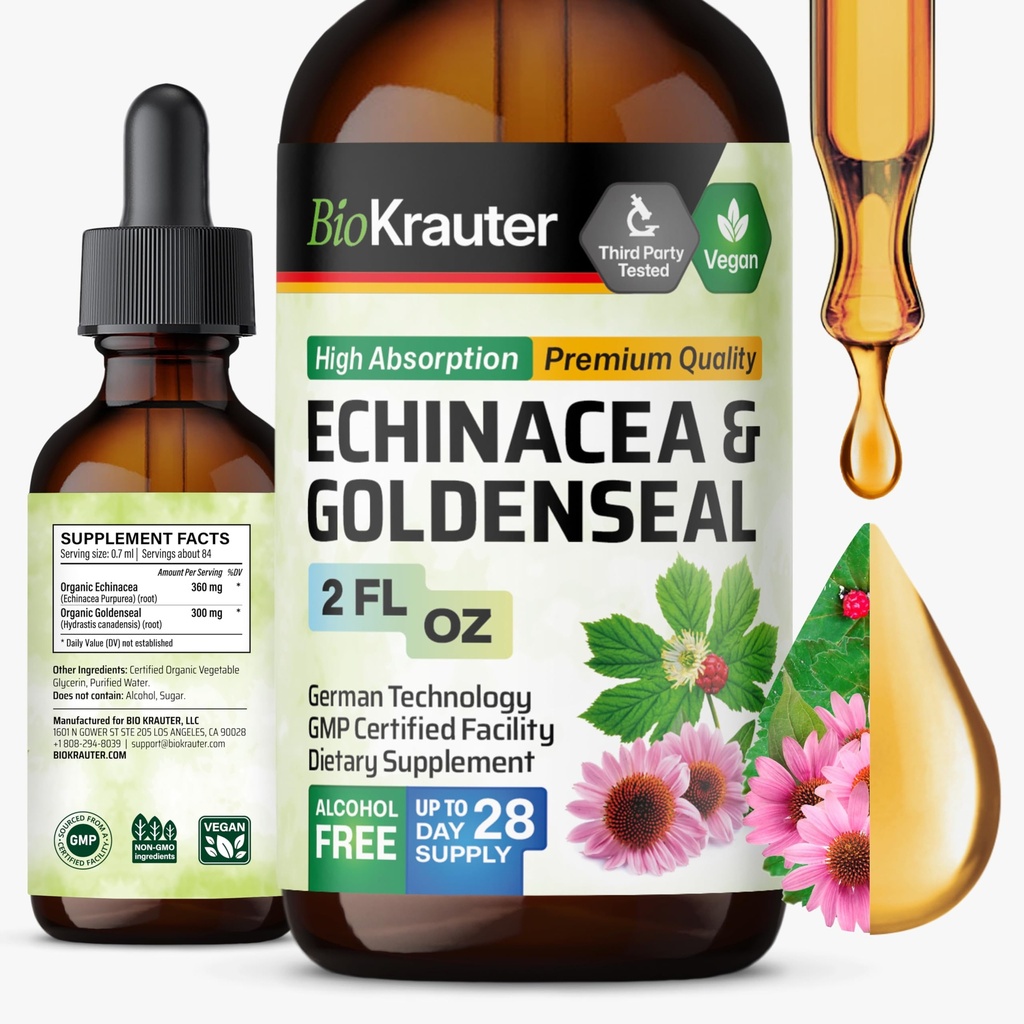 BIO KRAUTER Echinacea og Goldenseal Root Liquid Extract - Natural Immune Support - Echinacea Drops med GoldenSeal - Vegan, alkohol og sukkerfri tinktur - 2 fl.Oz.
