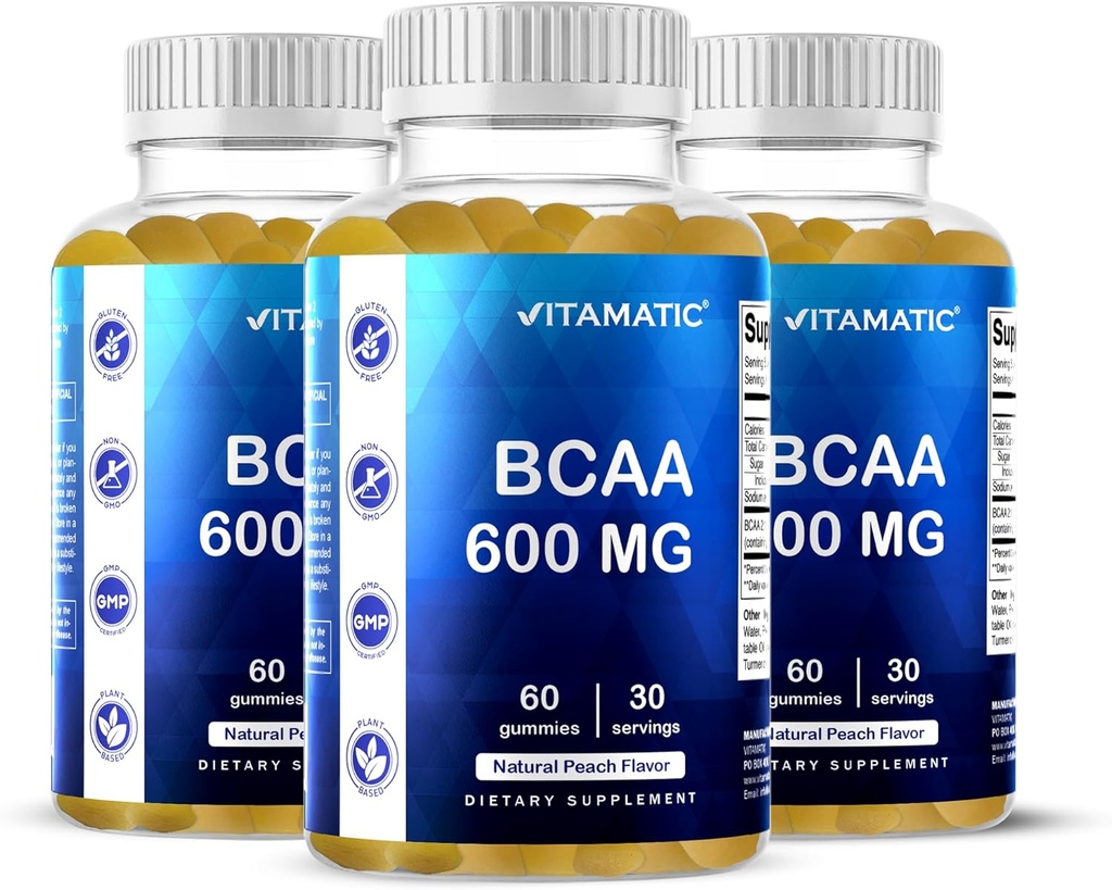 Vitamatic BCAA Gummies - Branch Chain Amino Acid Kosttilskudd - Peach Flavor - 600 mg per servering - 60 Vegan Pectin Basert Gummies (3 flasker)