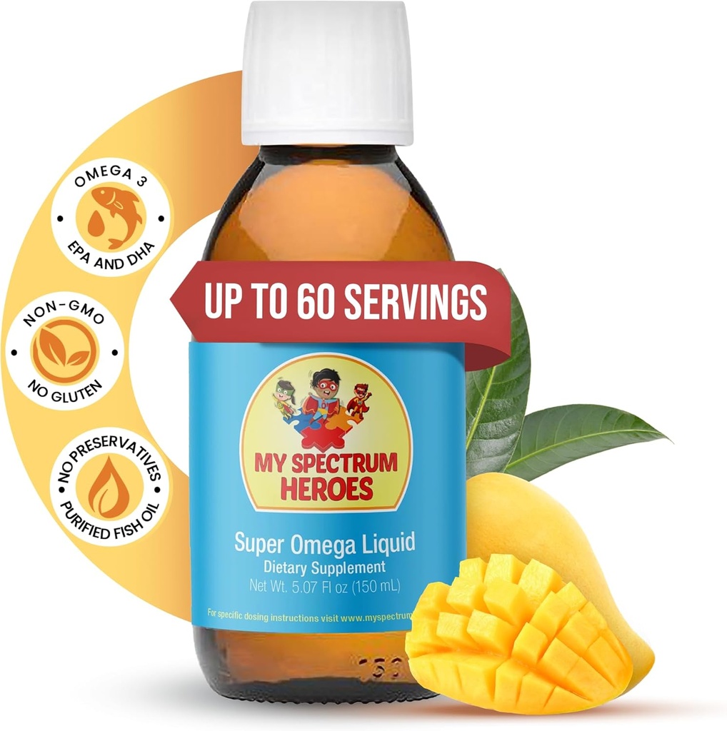 Min Spectrum Heroes Fish Oil Supplement for barn - Omega 3 for nevral assistanse, inflammasjon og immunhjelp - EPA & DHA for hjerne og øye helse - Barn & voksen flytende supplement - 5.07oz (150ml)